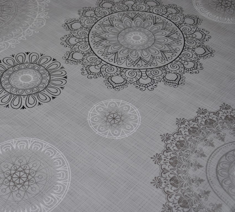 Mandala Grey Vinyl Oilcloth Tablecloth