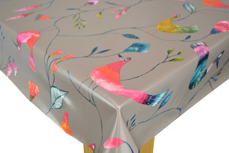 Barmy Birds Taupe Vinyl Oilcloth Tablecloth