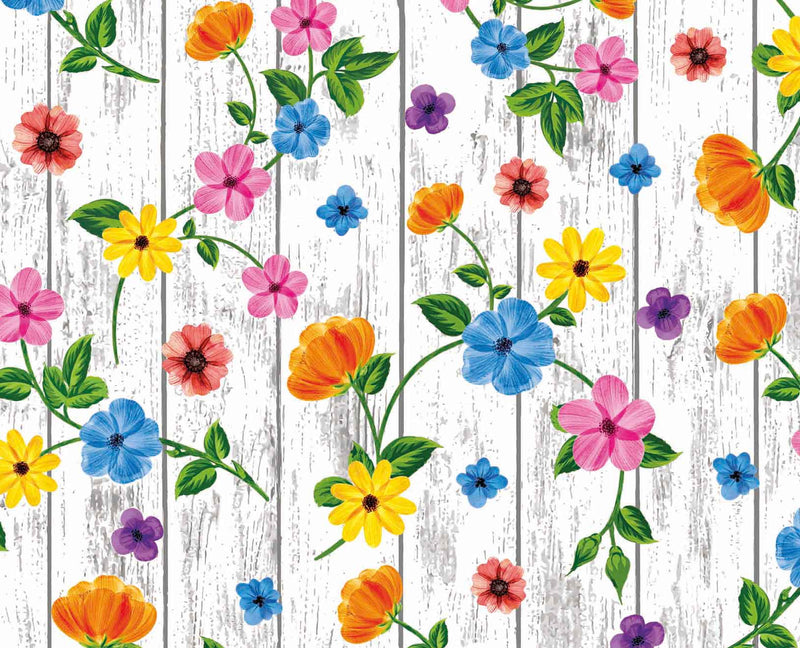 Bright Flowers on White Wood Effect Vinyl Tablecloth