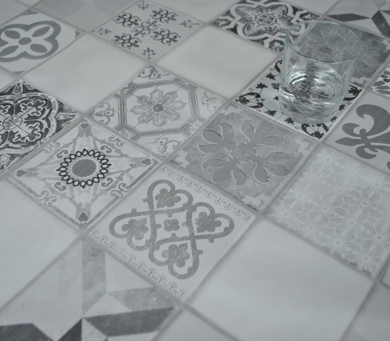 Lisbon Tiles Grey Vinyl Oilcloth Tablecloth