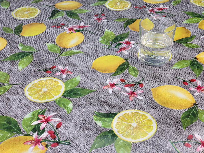 Lemons and Blossom on Hessian Vinyl Tablecloth
