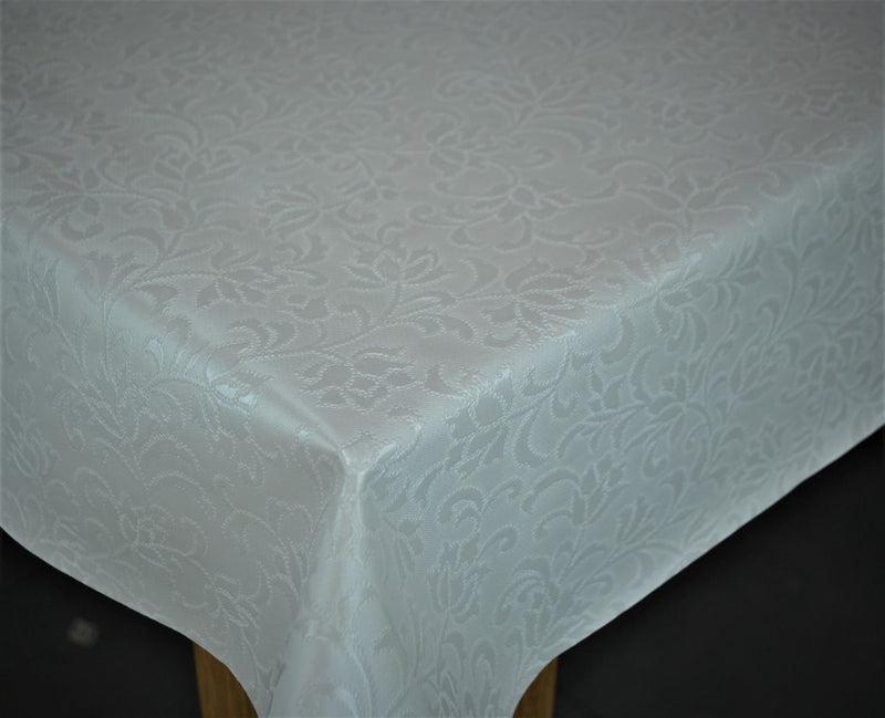 White Floral Textured Damask Vinyl Oilcloth Tablecloth