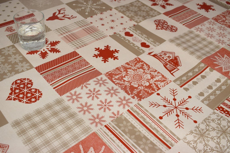 Swiss Red Christmas Patchwork Vinyl Oilcloth Tablecloth