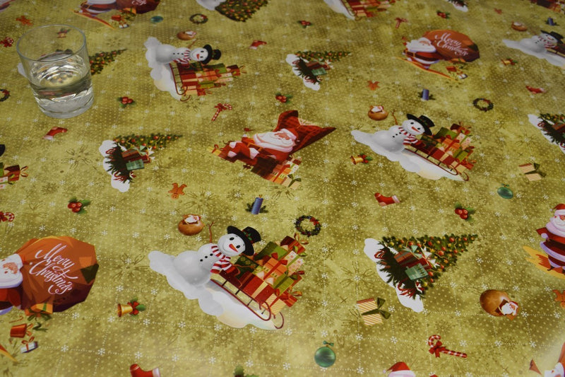 Santa Snowman Gold Vinyl Oilcloth Tablecloth