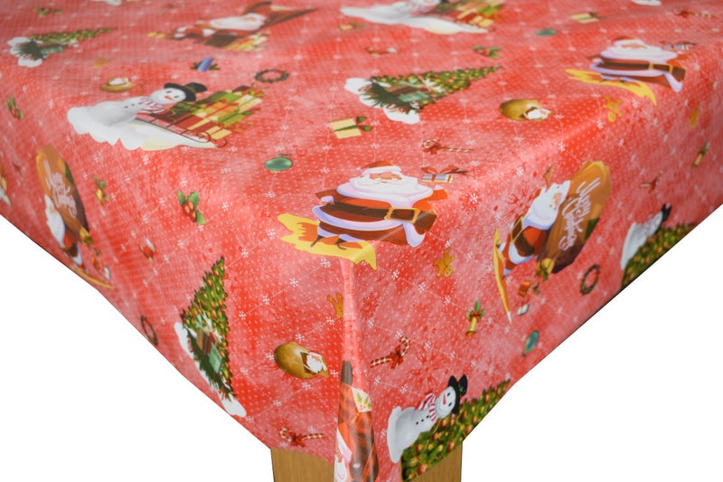 Santa Snowman Red Vinyl Oilcloth Tablecloth