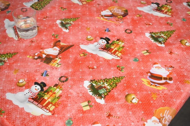 Santa Snowman Red Vinyl Oilcloth Tablecloth