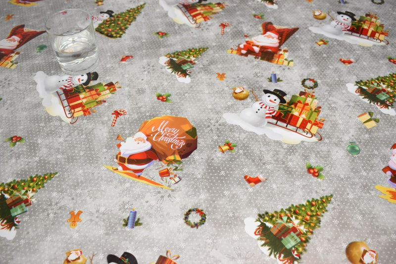 Santa Snowman Silver Vinyl Oilcloth Tablecloth