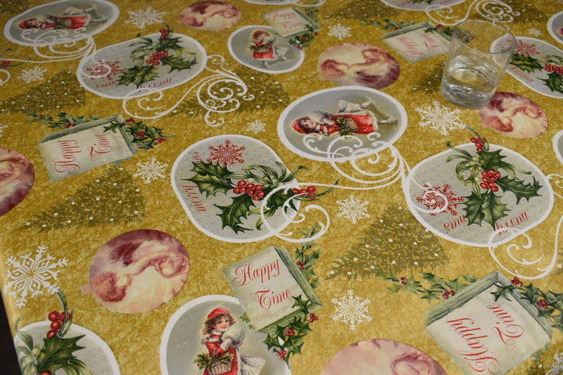 Christmas Time Gold Vinyl Oilcloth Tablecloth