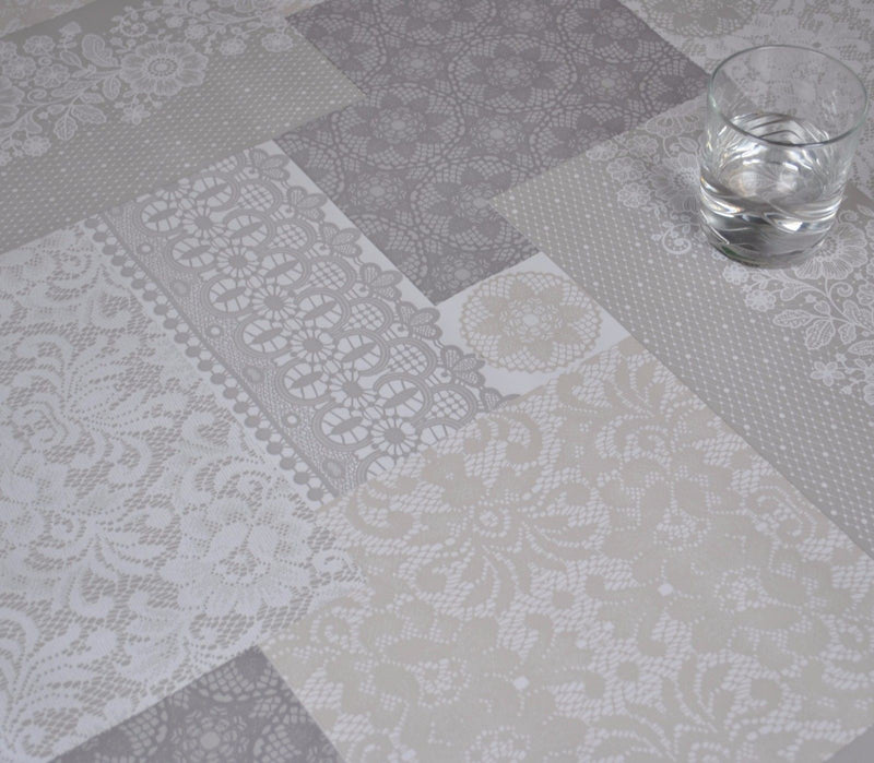 Round Wipe Clean Tablecloth Vinyl PVC 140cm Bruges Lace Grey
