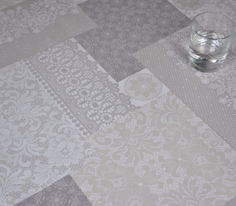 Round Wipe Clean Tablecloth Vinyl PVC 140cm Bruges Lace Grey