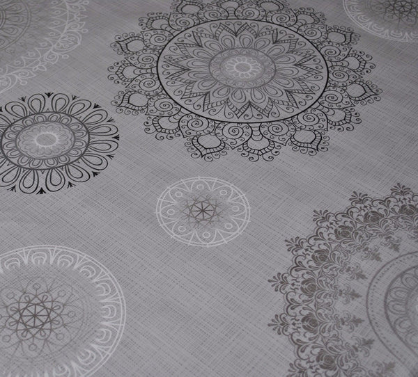 Round Wipe Clean Tablecloth Vinyl PVC 140cm Mandala Grey