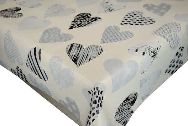 Round Wipe Clean Tablecloth Vinyl PVC 140cm Happy Hearts Silver Grey