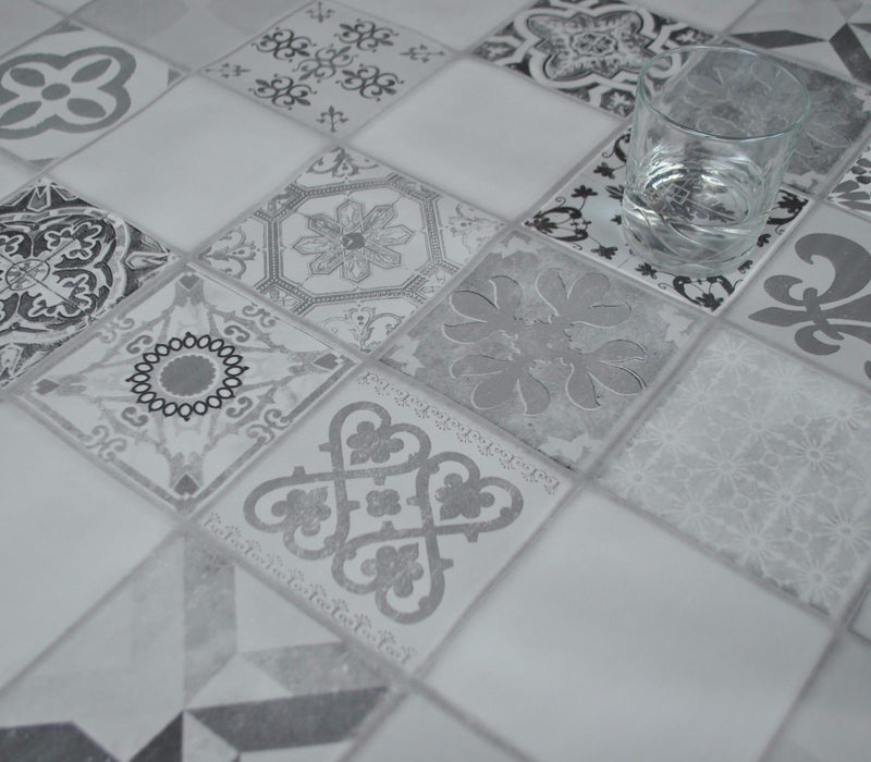 Round Wipe Clean Tablecloth Vinyl PVC 140cm Lisbon Tiles Grey