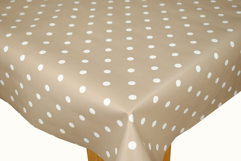 Round Wipe Clean Tablecloth Vinyl PVC 140cm Taupe Polka Dot