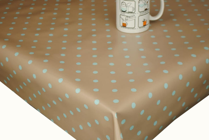 Round Wipe Clean Tablecloth Vinyl PVC 140cm Taupe and Duckegg Polka Dot