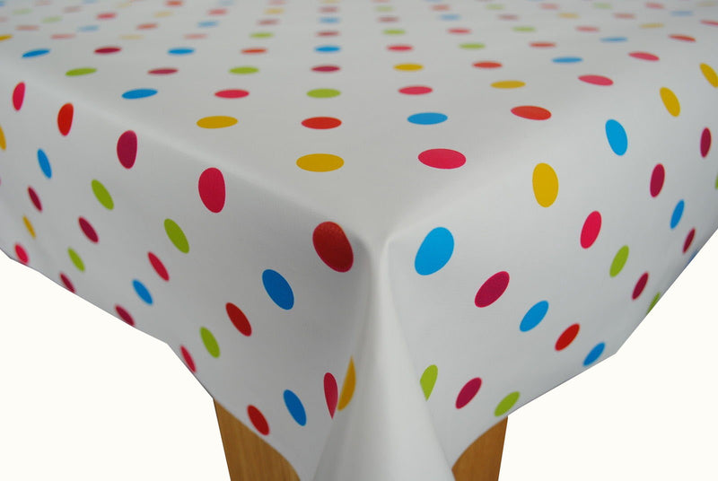 Round Wipe Clean Tablecloth Vinyl PVC 140cm Multi Spot on White