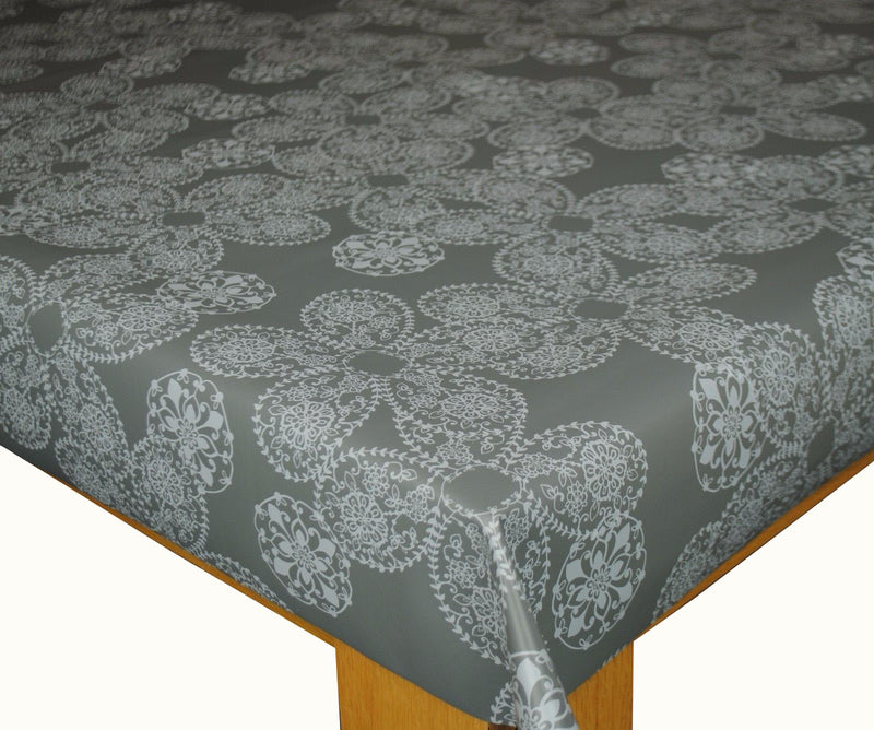 Round Wipe Clean Tablecloth Vinyl PVC 140cm Gunmetal Grey Lace Effect