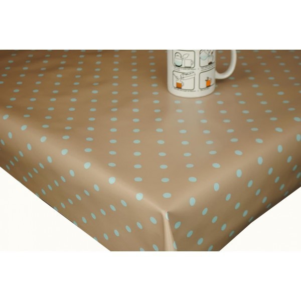 Square Wipe Clean Tablecloth Vinyl PVC 140cm x 140cm Taupe and Duckegg Polka Dot
