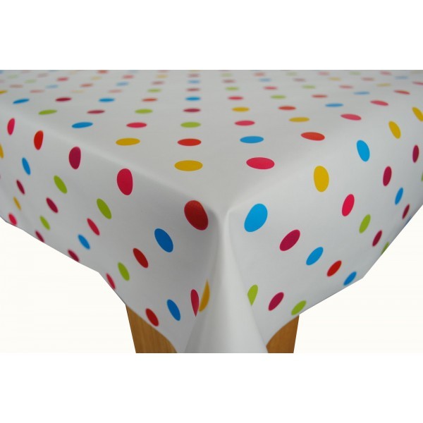 Square Wipe Clean Tablecloth Vinyl PVC 140cm x 140cm  Multi Spot on White