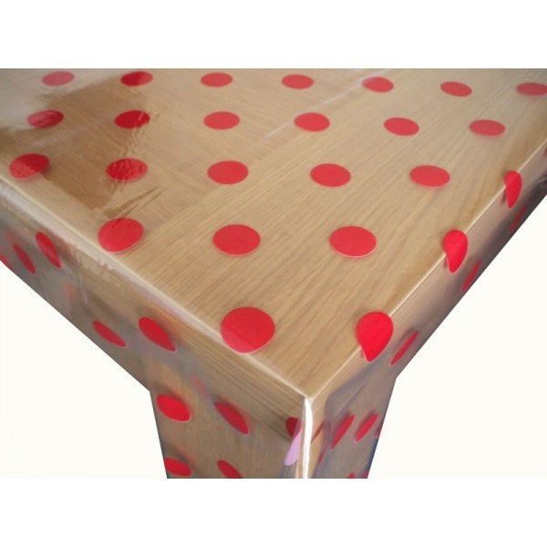 Square Wipe Clean Tablecloth Vinyl PVC 140cm x 140cm Red Spot on Crystal Clear