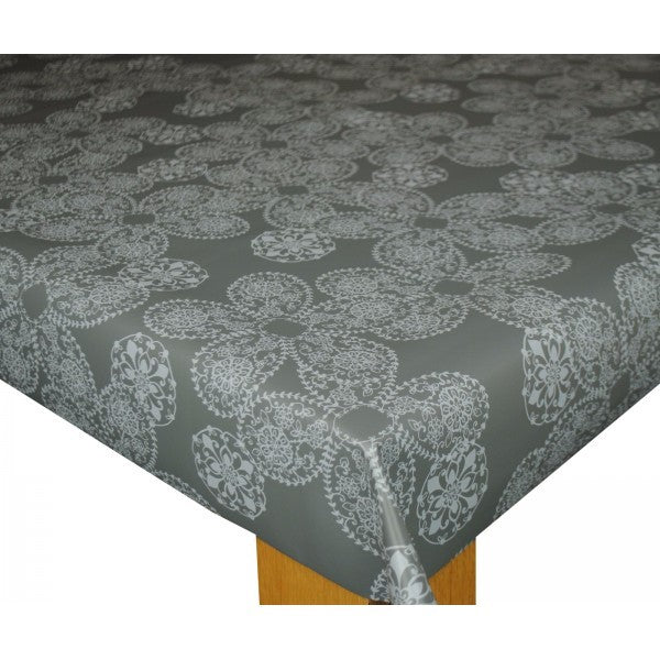 Square Wipe Clean Tablecloth Vinyl PVC 140cm x 140cm Gunmetal Grey Lace Effect