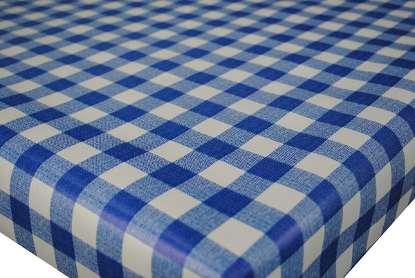 Round Wipe Clean Tablecloth Vinyl PVC 140cm Blue Gingham Check 20mm