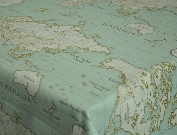 Round Wipe Clean Tablecloth PVC Oilcloth 132cm Maps Duckegg