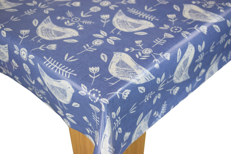 Round Wipe Clean Tablecloth PVC Oilcloth  132cm Narvik Birds Blue
