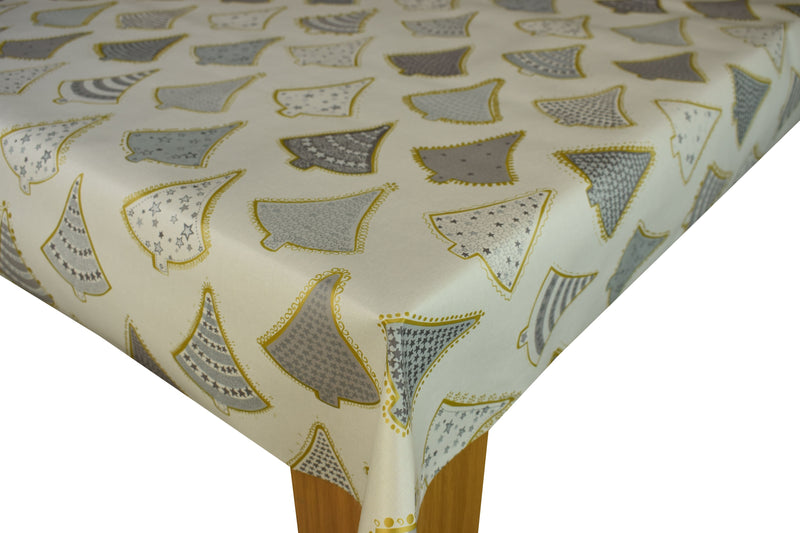 Christmas Trees Grey and Gold Vinyl Oilcloth Tablecloth