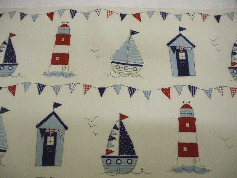 Round Wipe Clean Tablecloth PVC Oilcloth  132cm Boats and Beach Huts Blue