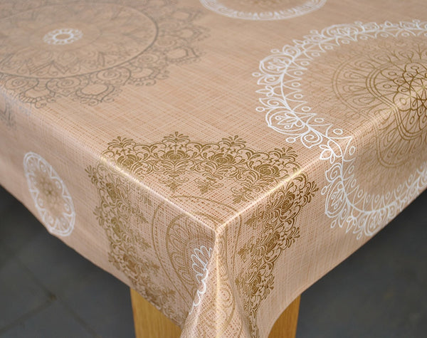 Square Wipe Clean Tablecloth Vinyl PVC 140cm x 140cm Mandala Taupe