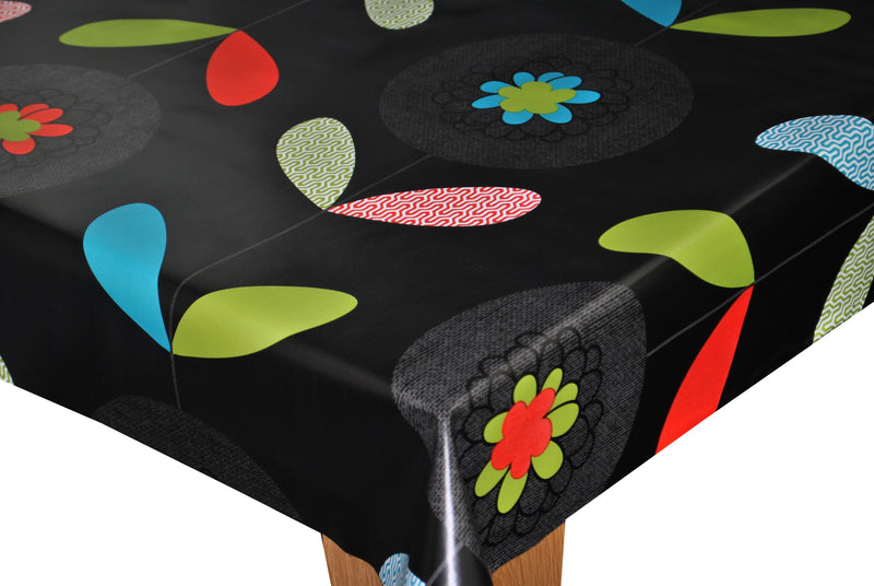 Flowers Stem Multi on Black Vinyl Oilcloth Tablecloth