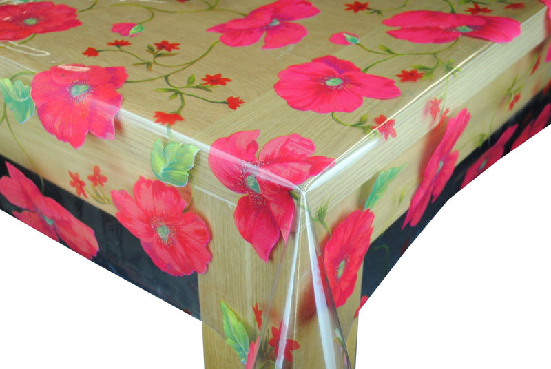 Red Poppies  on Crystal Clear Vinyl Oilcloth Tablecloth