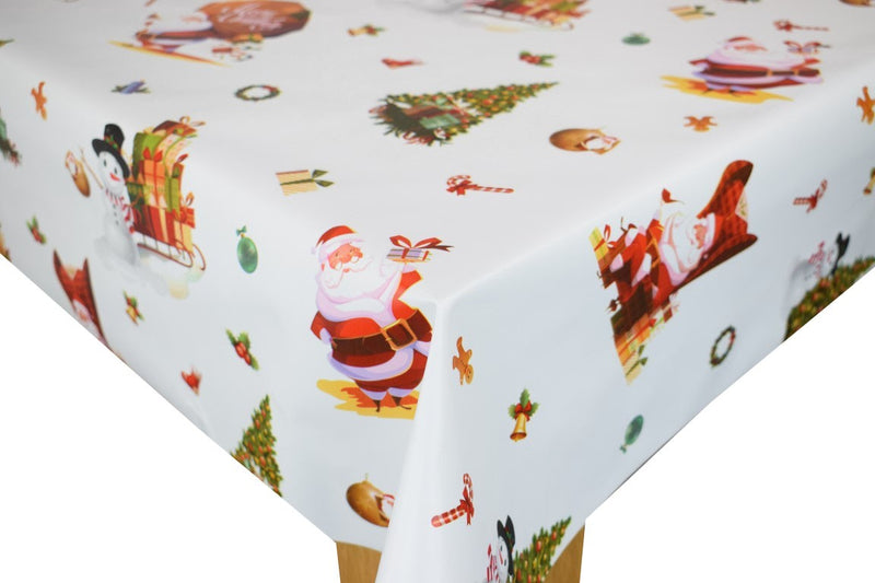 Santa Snowman White Vinyl Oilcloth Tablecloth