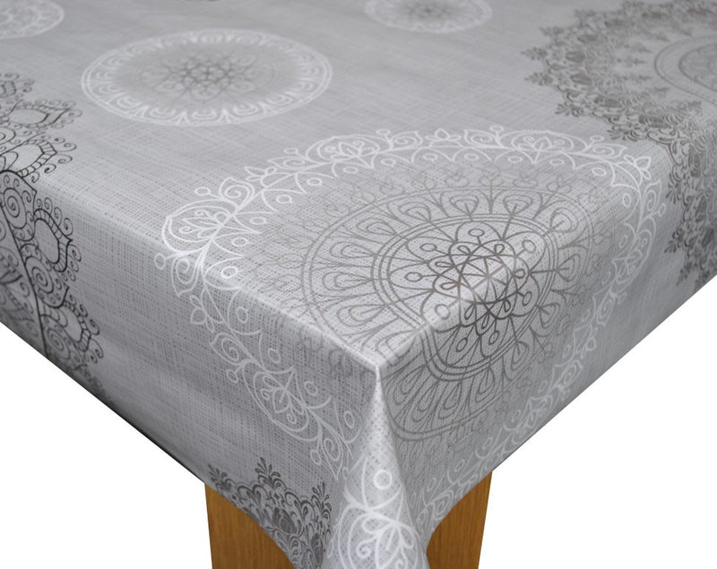 Mandala Grey Vinyl Oilcloth Tablecloth