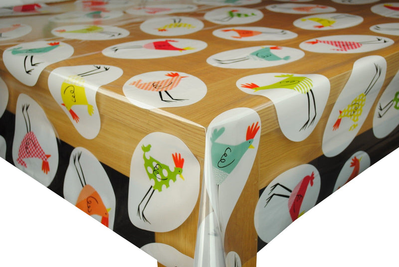 Funky Chickens on Crystal Clear Vinyl Oilcloth Tablecloth