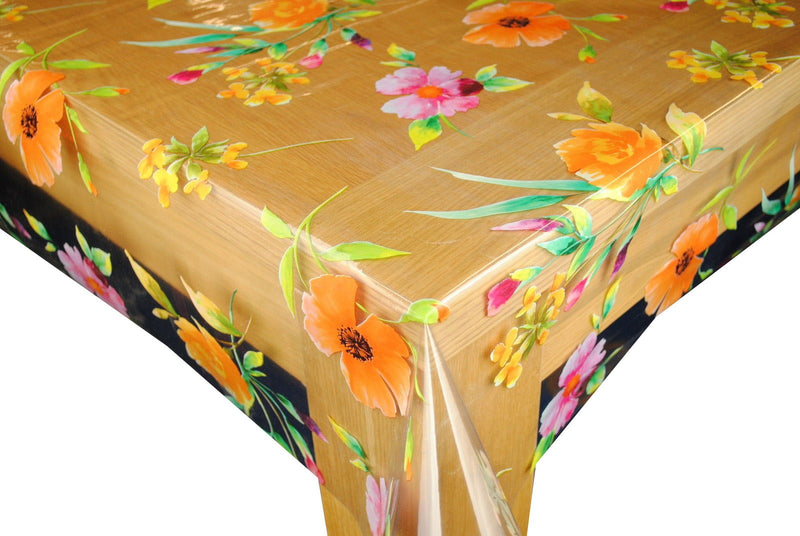 Summer Flowers on Crystal Clear Vinyl Oilcloth Tablecloth