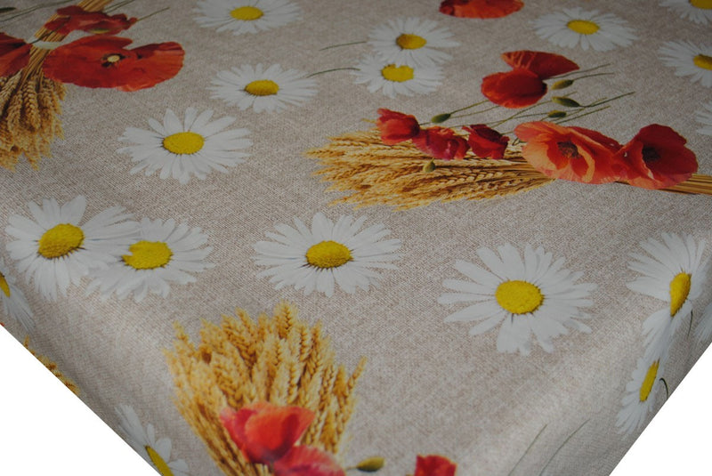 Daisy Poppy and Wheat Vinyl Oilcloth Tablecloth