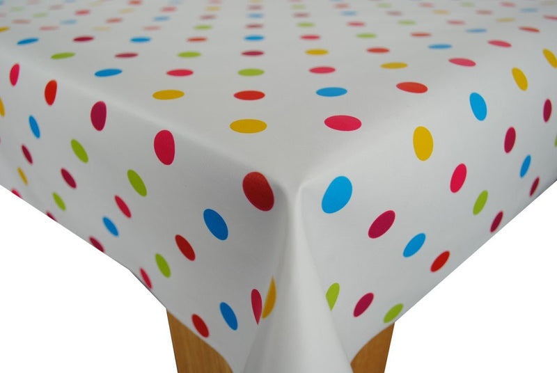 Multi Spot on White Polka Dot Vinyl Oilcloth Tablecloth