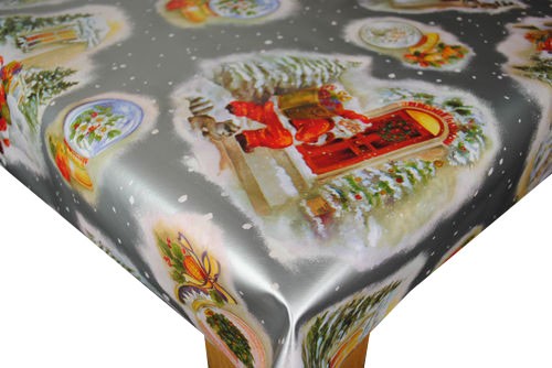 Santas Knocking SILVER Christmas Vinyl Oilcloth Tablecloth