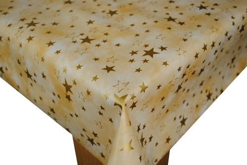 Christmas Cream with Gold Stars Vinyl Oilcloth Tablecloth