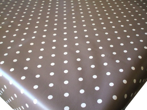 Small White Polka Dot on Mink / Dark Taupe Vinyl Oilcloth Tablecloth