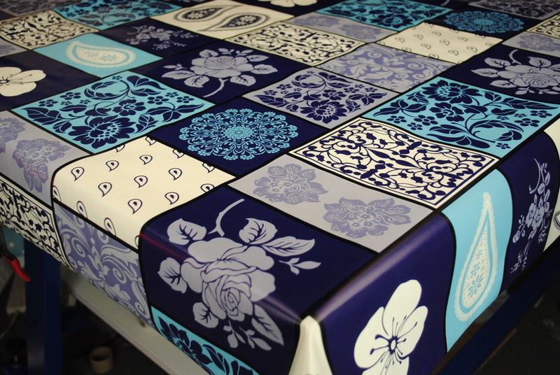 Mocha Choca Blue Vinyl Oilcloth Tablecloth