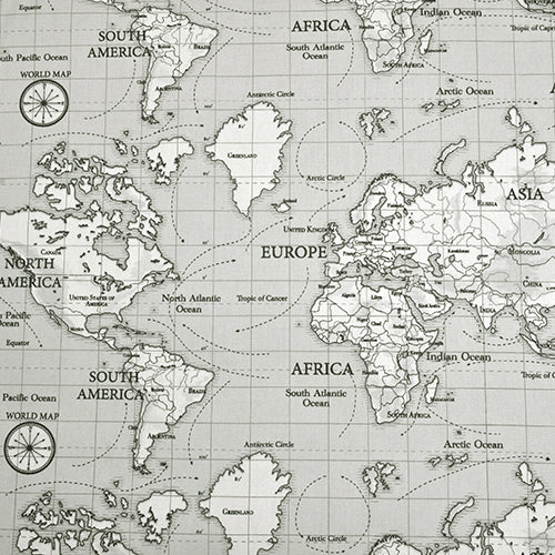 World Maps Grey 100% Cotton Fabric by Fryetts