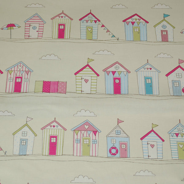 Beach Huts Pink 100% Cotton Fabric by Fryetts