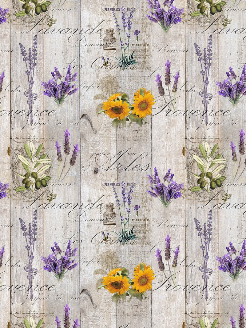 Provence Lavender and Sunflower on Grey Wood Effect Vinyl Oilcloth Tablecloth