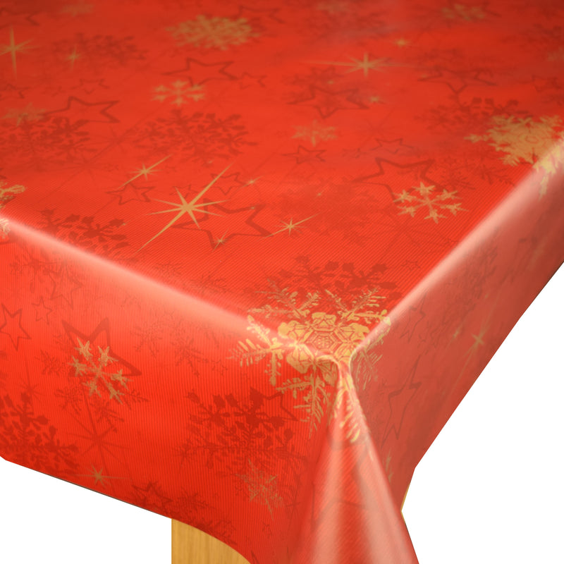Gold Snowflakes on Red Vinyl Oilcloth Tablecloth