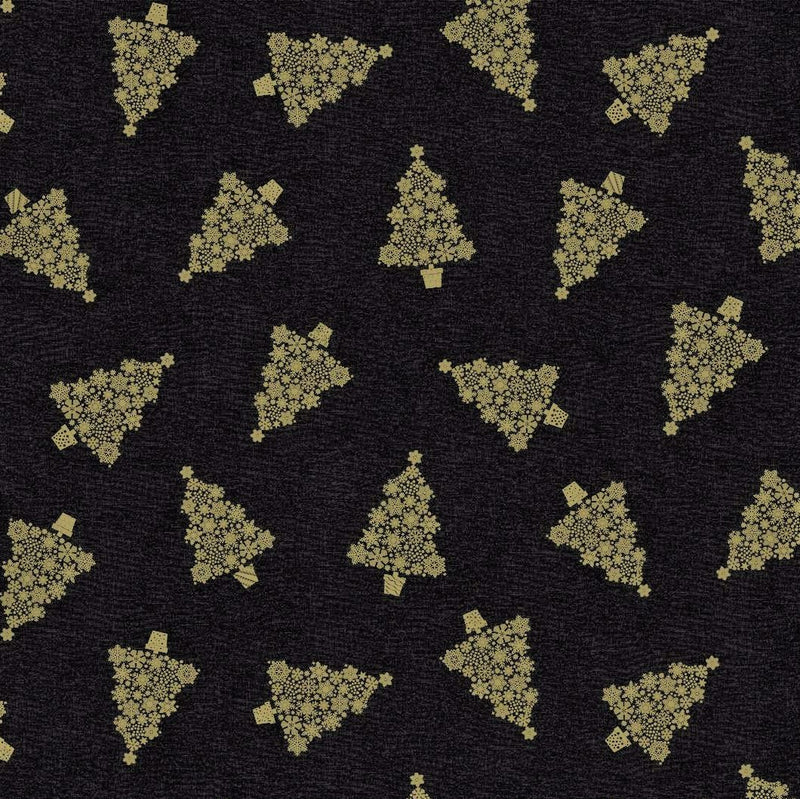 Gold Snowflake Christmas Trees on Black  Vinyl Oilcloth Tablecloth