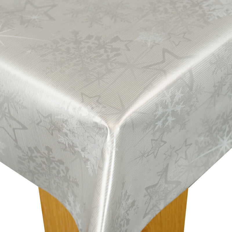 Christmas Silver Stars and Snowflakes on Silver Vinyl Oilcloth Tablecloth