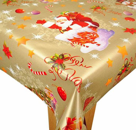 Happy Santa on Gold Vinyl Oilcloth Tablecloth